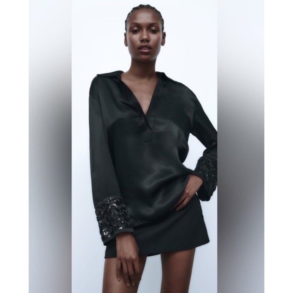 Zara S Satin Black Beaded Top Sequin Shirt Blouse Popover Tunic Collared